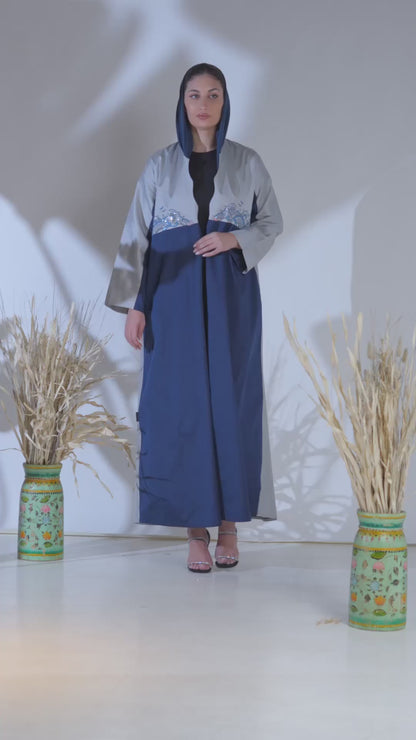 Blue Wave-Inspired Embroidered Abaya in Dual-Tone Panels