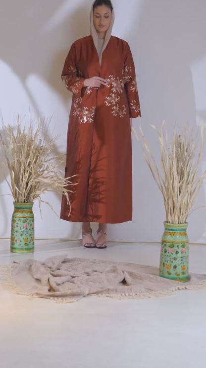 Embroidered Copper Taffeta Abaya with Mosaic Floral Detailing