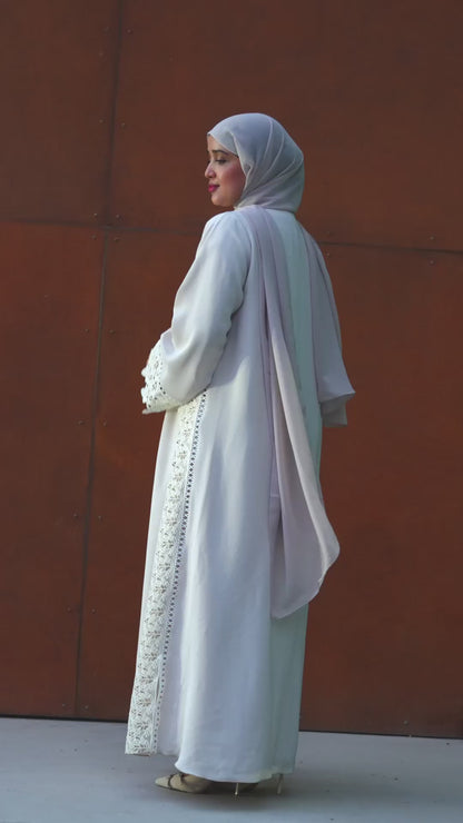 Elegant White Lace-Trim Abaya with Intricate Side Floral Embroidery