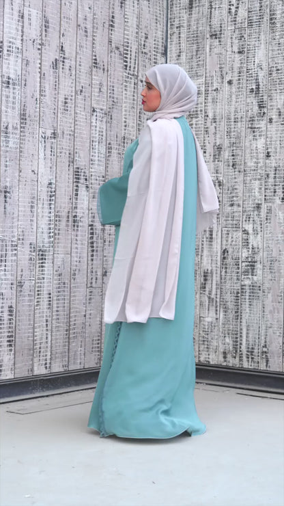 Aqua Blue Open Abaya with Delicate Scalloped Lace Trim