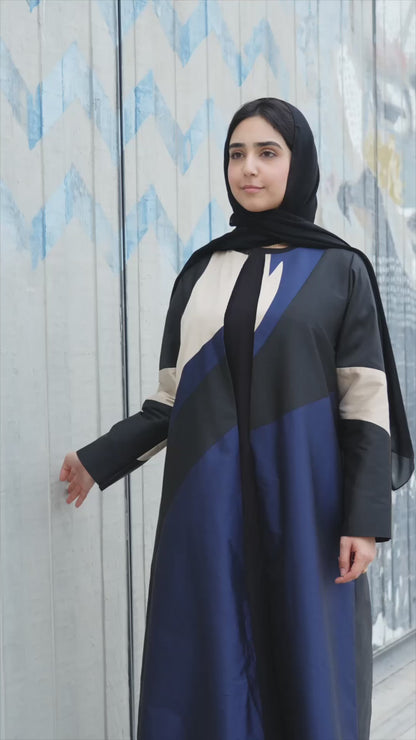 Modern Abstract Colorblock Abaya in Navy, Black & Sand