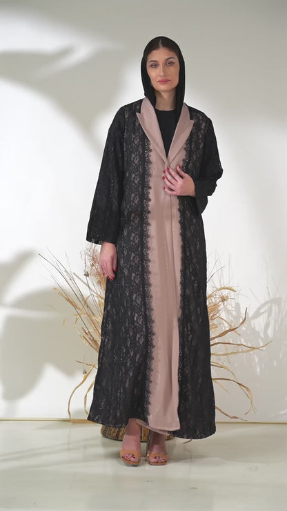 Blush Panel Abaya with Black Sequined Lace Overlay