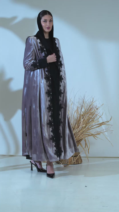 Velvet Frost Abaya with Black Floral Lace Embellishment