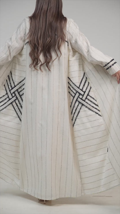 Striped Linen Abaya with Contrast Trim Detailing