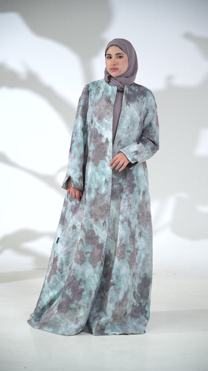 Turquoise & Grey Abstract Printed Abaya with Subtle Embellished Detailing