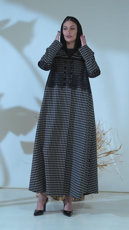 Monochrome Textured Checkered Abaya with Contrast Yoke & Button Detailing