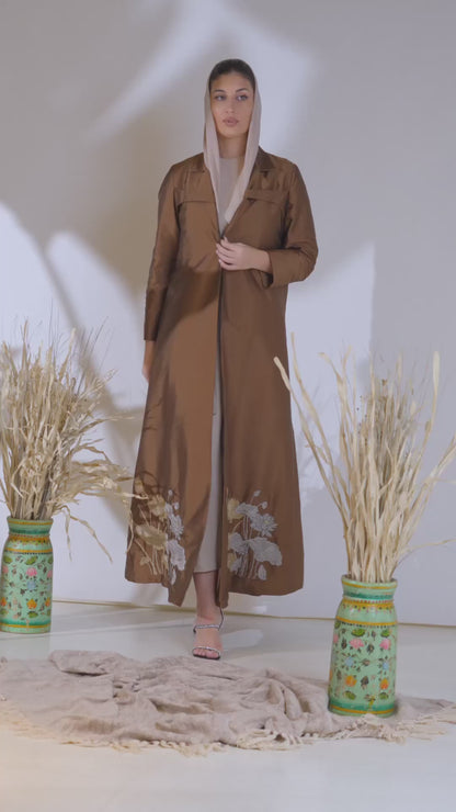 Bronze Taffeta Abaya with Hand-Embroidered Lotus Garden Hem