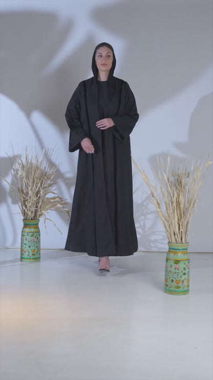 Black Textured Jacquard Abaya with Subtle Leaf Pattern & Flowing Silhouette