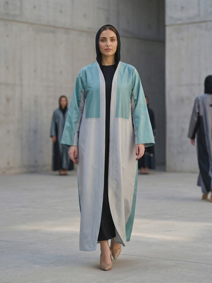 Two-Tone Satin Abaya with Contrasting Panel Design in Mint & Silver