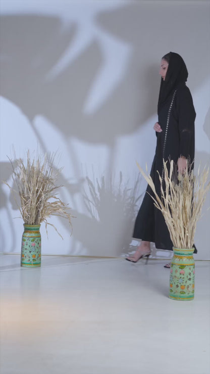 Black Aura Panel-Cut Abaya with Laser Lace Detailing