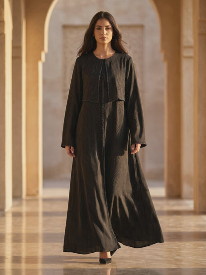 Textured Black Abaya with Cropped Overlay & Subtle Sparkle Trim