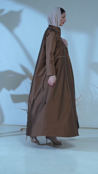 Contrast-Piped Cocoa Abaya with Structured Tailored Finish
