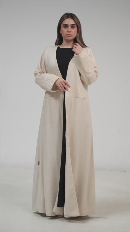 Minimal Embroidered Linen Abaya with Clean Open Front
