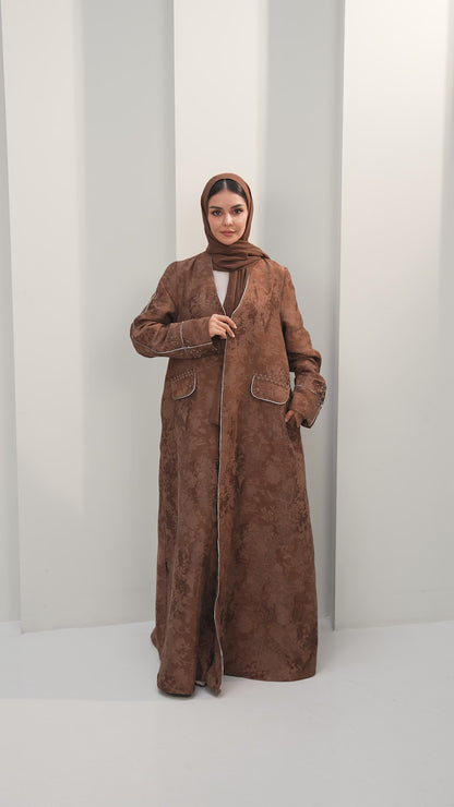Elegant Floral Jacquard Abaya with Embellished Pocket Detail