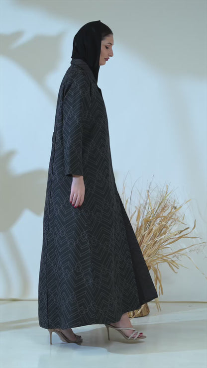 Midnight Geo-Pattern Luxe Open Abaya – Structured Jacquard Black Cloak