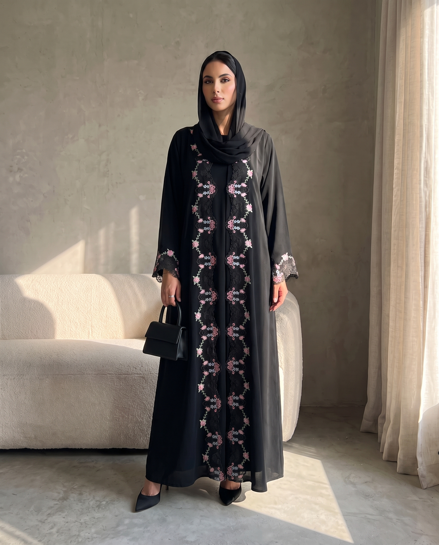 Midnight Blossom Lace Abaya Set